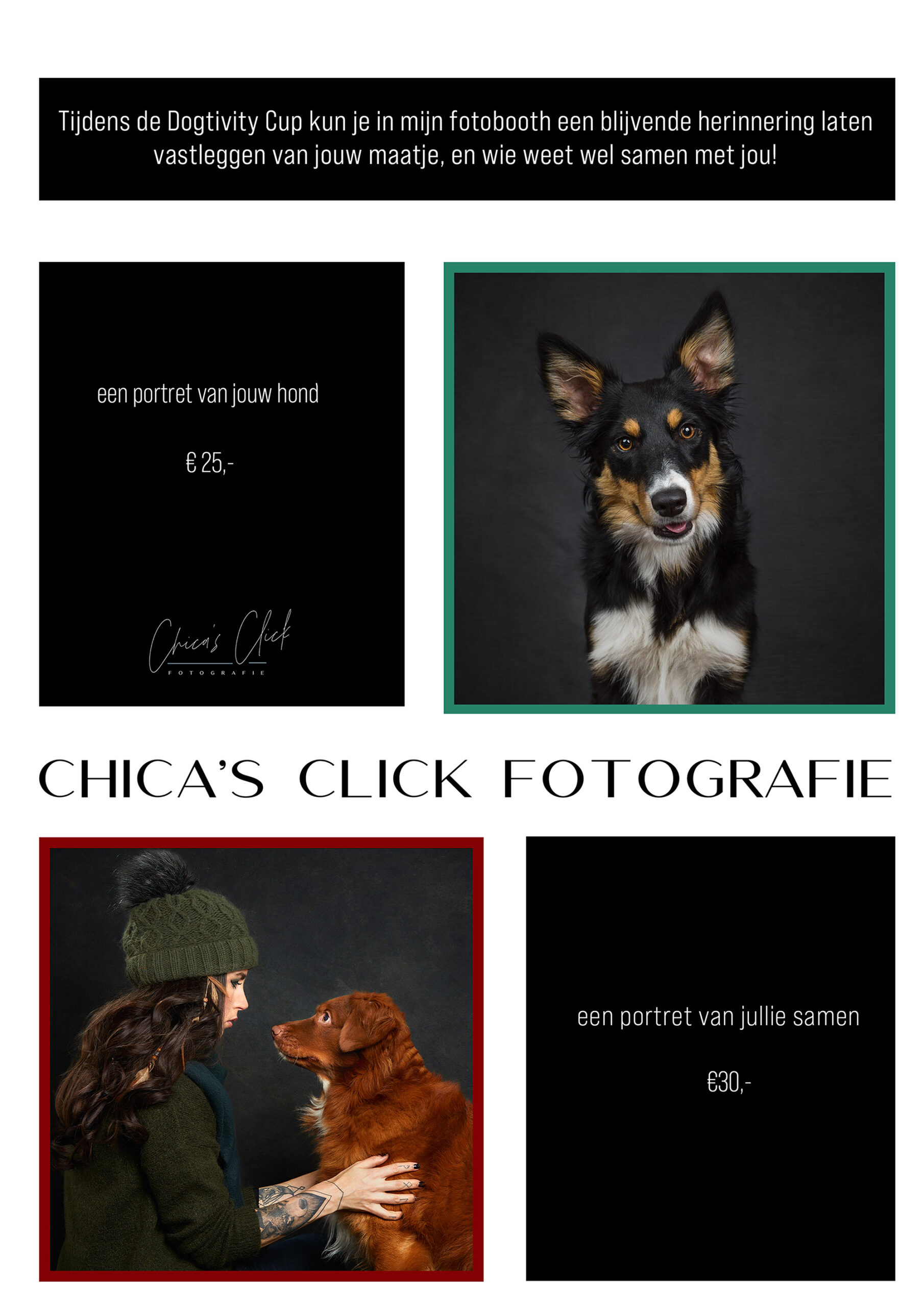 Flyer Aankondiging van de Mini Sessies Hondenportret tijdens de Dogtivity Cup 2023